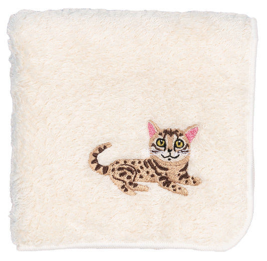 【HHD】 Japan Organic Cotton Embroidered Square Handkerchief - Bengal cat (White)