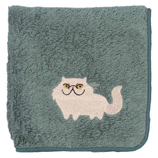 【HHD】 Japan Organic Cotton Embroidered Square Handkerchief - Persian cat(Dark Cyan)
