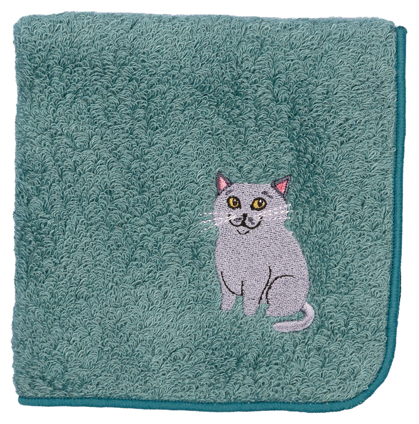 【HHD】 Japan Organic Cotton Embroidered Square Handkerchief - Russian blue cat(Dark Cyan)