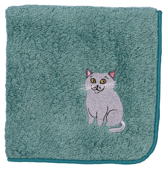 【HHD】 Japan Organic Cotton Embroidered Square Handkerchief - Russian blue cat(Dark Cyan)
