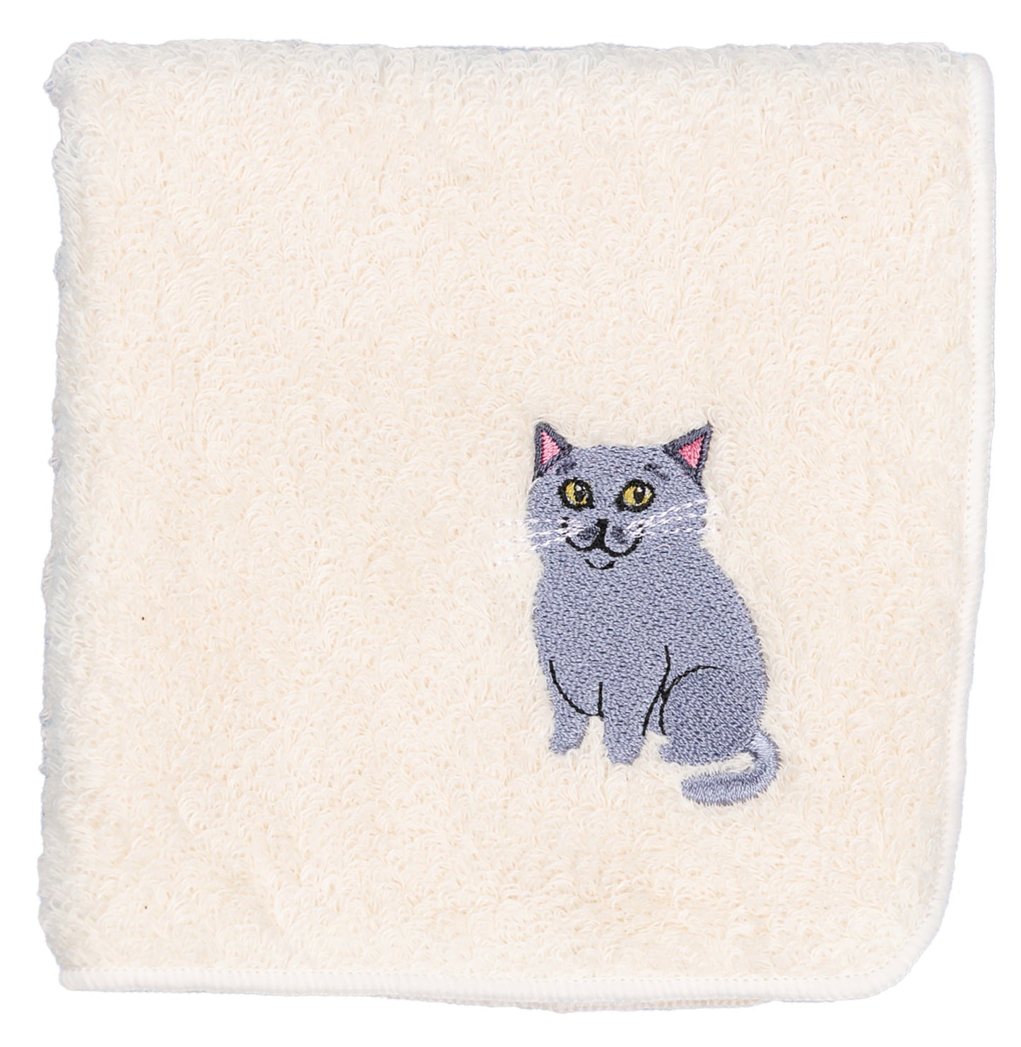 【HHD】 Japan Organic Cotton Embroidered Square Handkerchief - Russian blue cat (White)