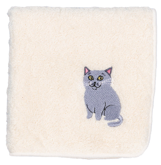 【HHD】 Japan Organic Cotton Embroidered Square Handkerchief - Russian blue cat (White)