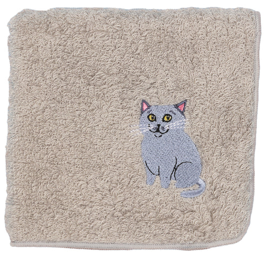 【HHD】 Japan Organic Cotton Embroidered Square Handkerchief - Russian blue cat (Gray)
