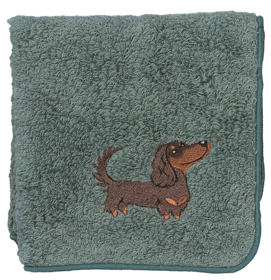 【HHD】 Japan Organic Cotton Embroidered Square Handkerchief - Dachshund(Dark Cyan)