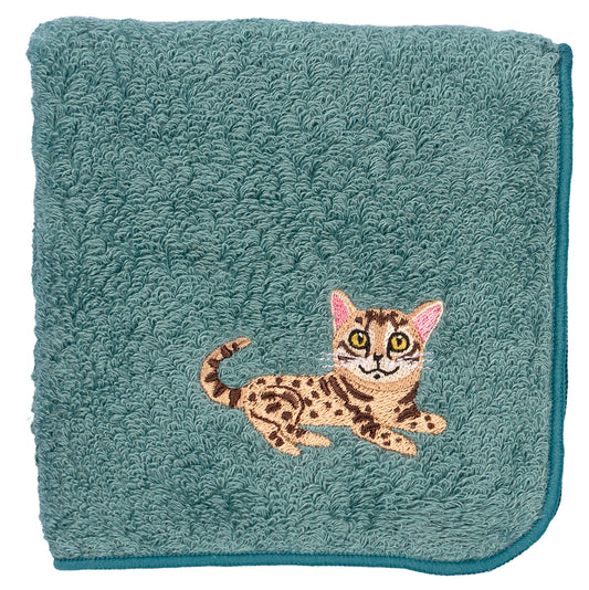 【HHD】 Japan Organic Cotton Embroidered Square Handkerchief - Bengal cat(Dark Cyan)