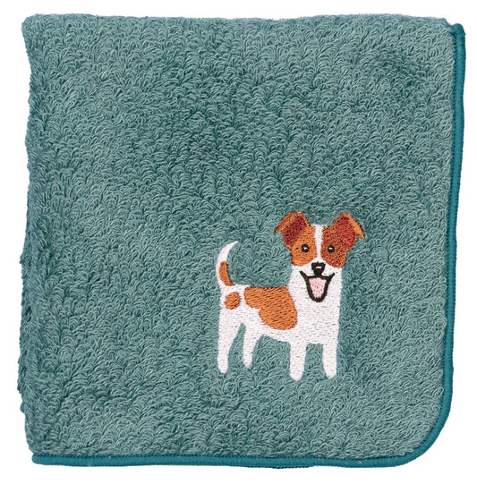 日本有機棉刺繡方巾-積羅素犬 (藍綠色)