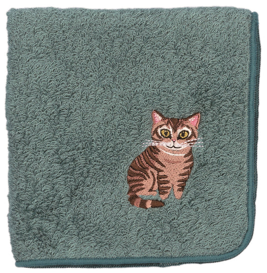 日本有機棉刺繡方巾-美國短毛貓 (藍綠色)