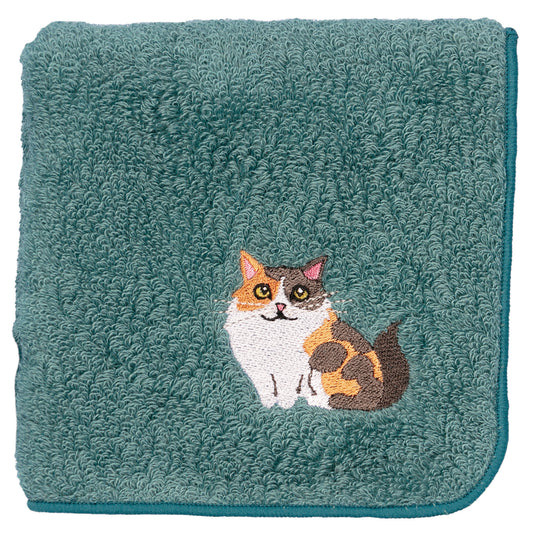 日本有機棉刺繡方巾-挪威森林貓 (藍綠色)