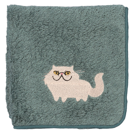 日本有機棉刺繡方巾-波斯貓 (藍綠色)