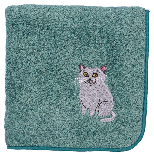 日本有機棉刺繡方巾-俄羅斯藍貓 (藍綠色)