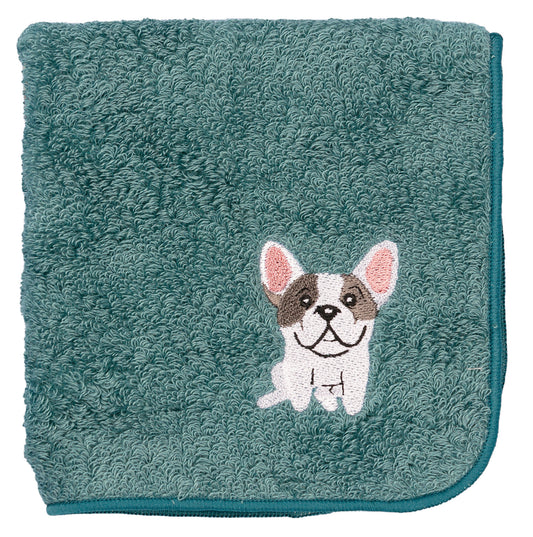 日本有機棉刺繡方巾-法國鬥牛犬 (藍綠色)